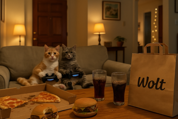 Ads with cats playing PS for Wolt